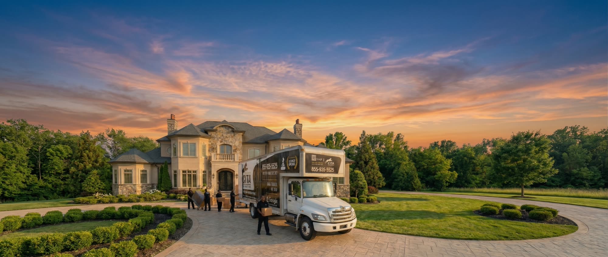 Cita Van Lines moving truck at a luxury home at sunset